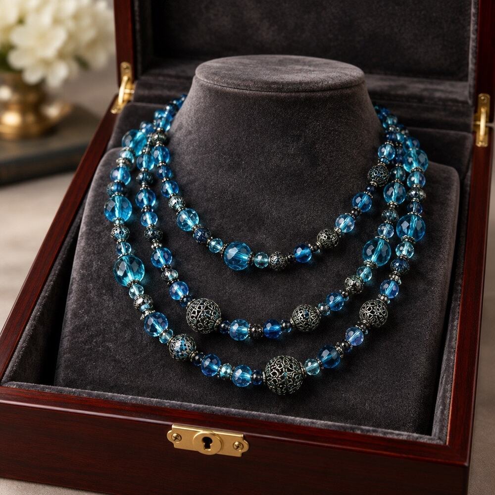 ✨ Vintage New Multi-Strand Blue Faceted Crystal & Filigree Statement Necklace ✨